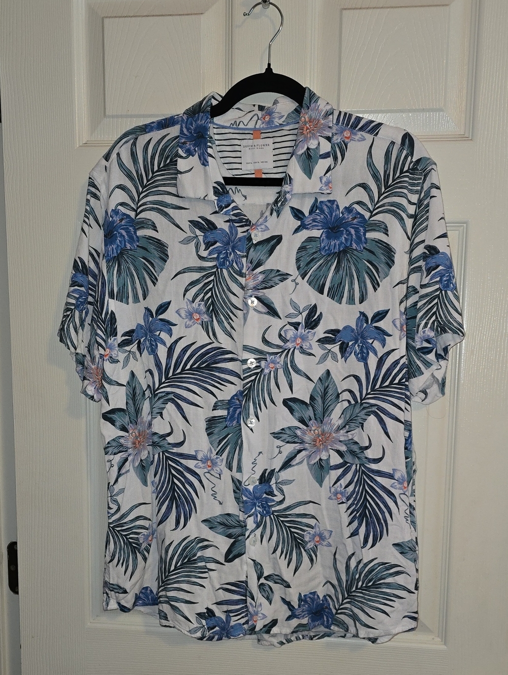 Denim & Flower White Short-Sleeve Button-Up with Blue Floral Print